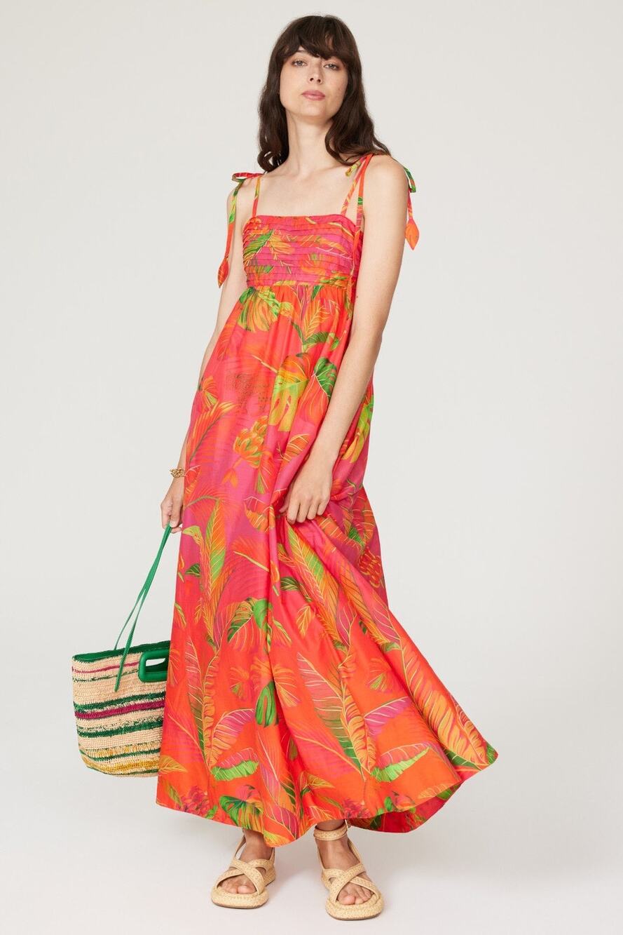 Farm Rio Pink Orange Tropical Print Halter Tie Square Neck Resort Maxi Dress XL